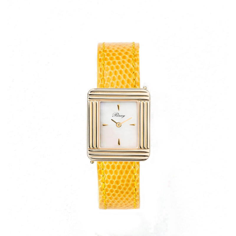 Montre Poiray Ma Première quartz cadran nacre blanche bracelet en lézard jaune 27x23mm