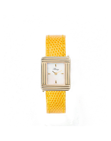 Montre Poiray Ma Première quartz cadran nacre blanche bracelet en alligator jaune 27x23mm
