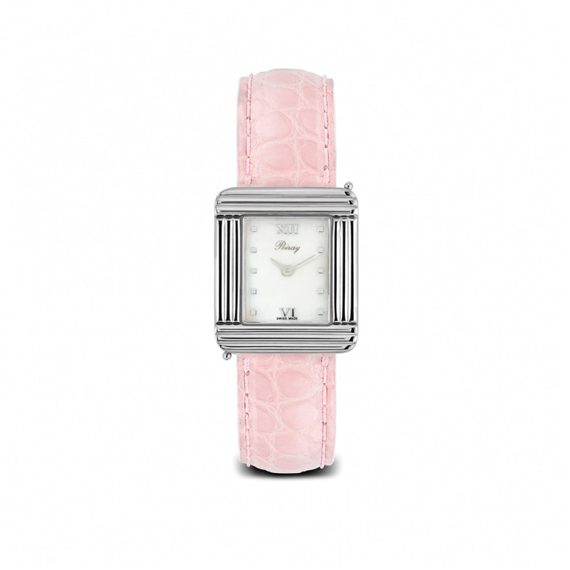 Montre Poiray Ma Première quartz cadran nacre blanche bracelet en alligator rose