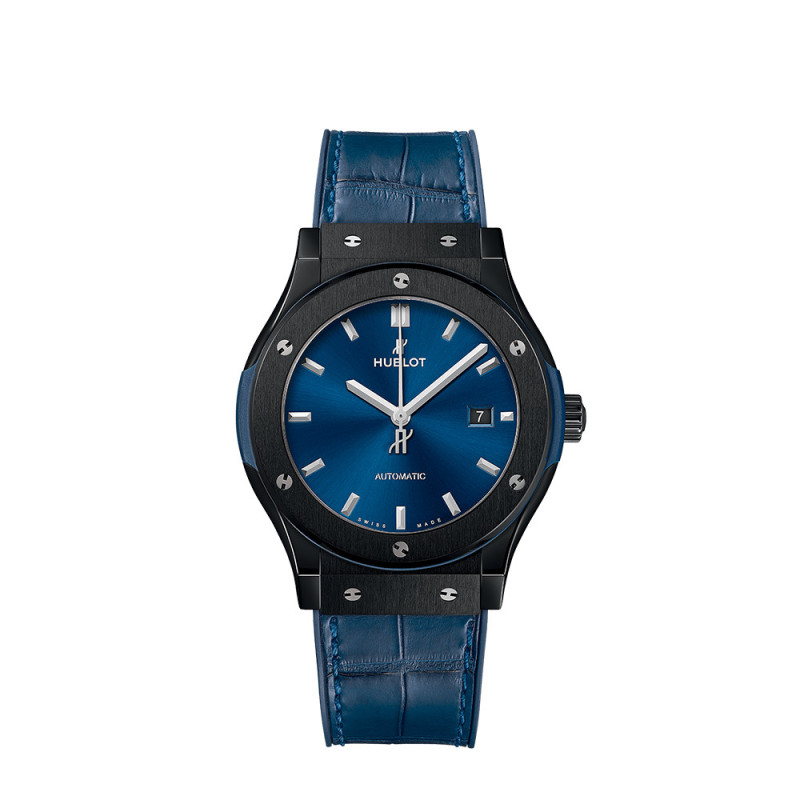 Montre Hublot Classic Fusion 3 aiguilles 42mm automatique céramique noire bracelet cuir bleu