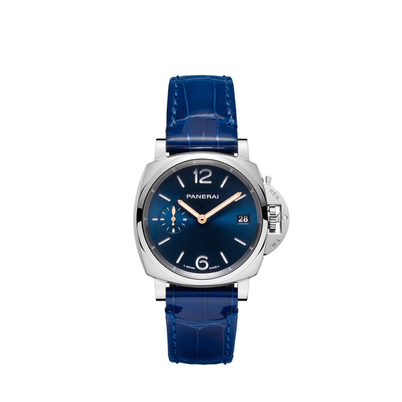 Montre Panerai Luminor Due 38 mm automatique cadran bleu boîtier acier bracelet en cuir d'alligator bleu brillant