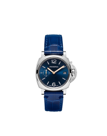 Montre Panerai Luminor Due 38 mm automatique cadran bleu boîtier acier bracelet en cuir d'alligator bleu brillant