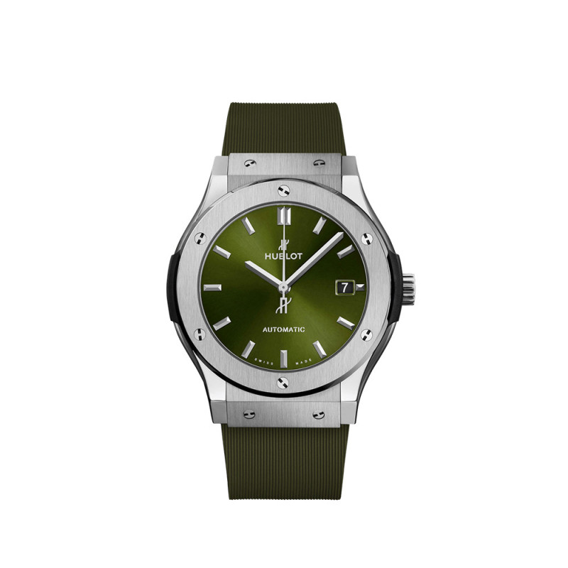 Montre Hublot Classic Fusion 3 aiguilles Titanium Green 45mm automatique cadran vert bracelet caoutchouc
