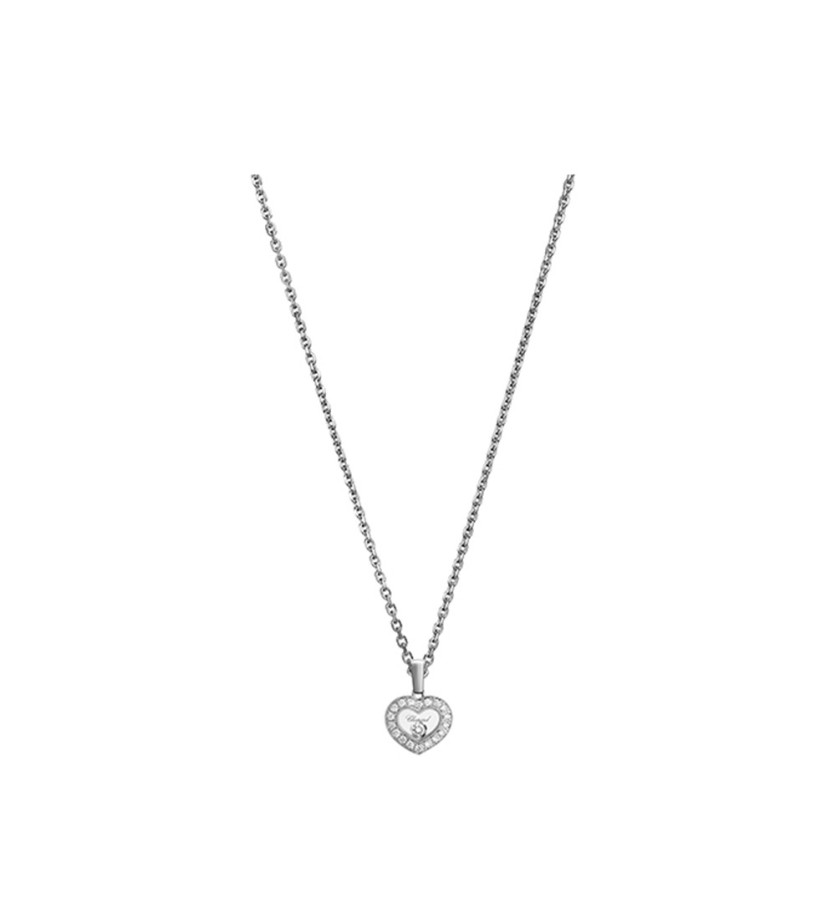 Pendentif Chopard Happy Diamonds forme cœur or blanc 1 diamant mobile pavé diamants sur chaîne