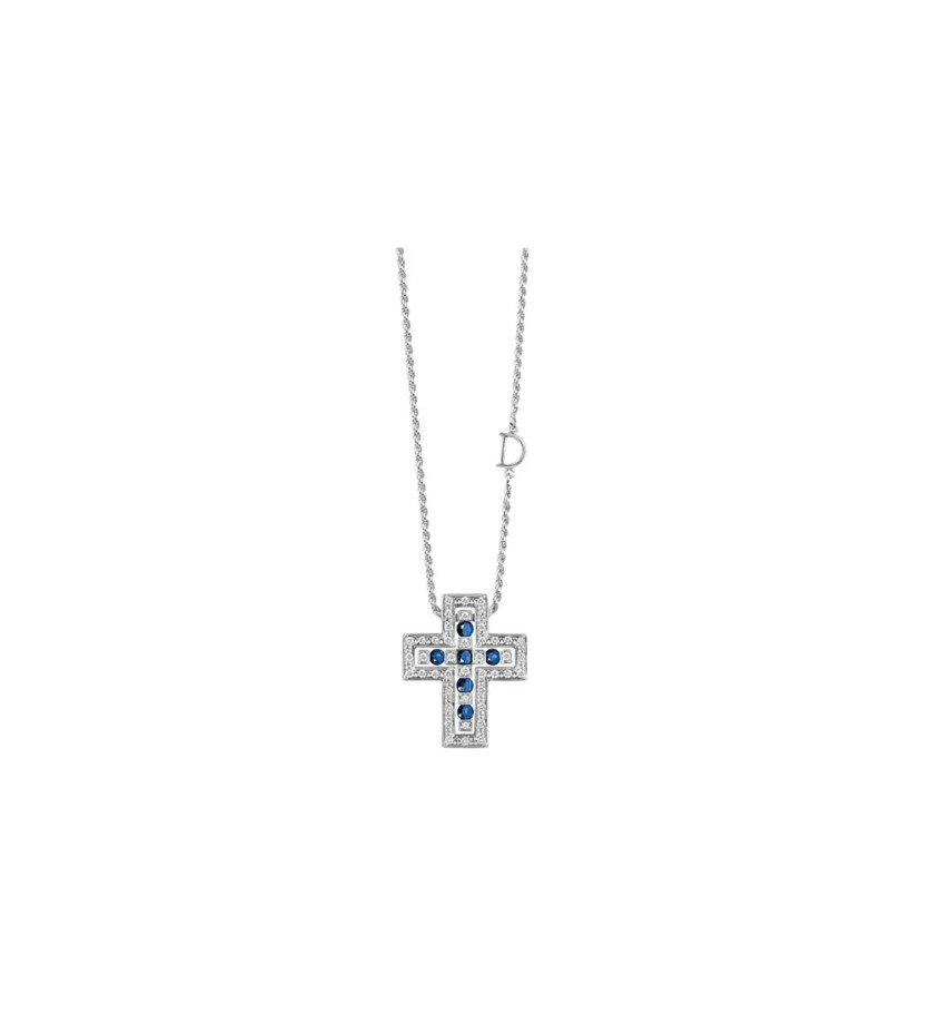 Collier Damiani Croix Belle Epoque enor blanc diamants et saphirs bleus sur chaîne en or blanc