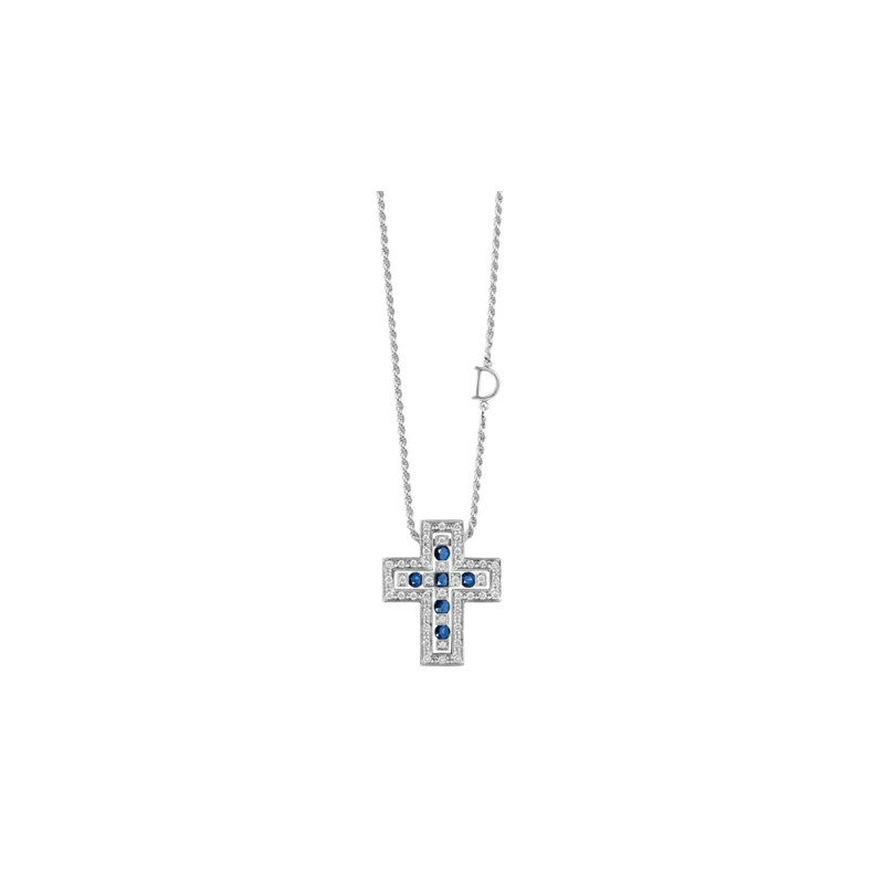 Collier Damiani Croix Belle Epoque or blanc diamants et saphirs bleus