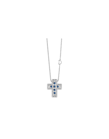 Collier Damiani Croix Belle Epoque enor blanc diamants et saphirs bleus sur chaîne en or blanc