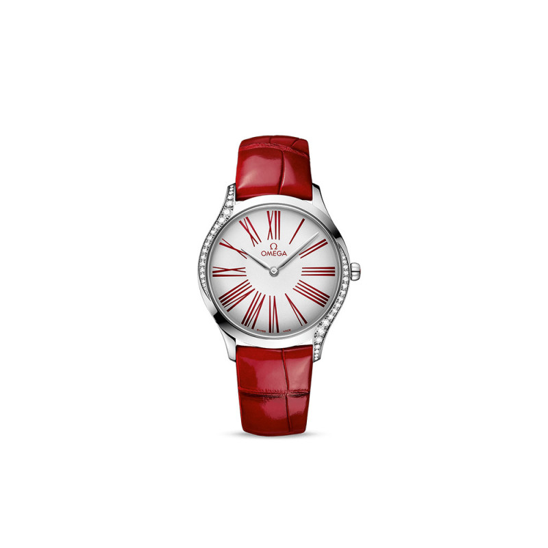 Montre Omega De Ville Trésor quartz cadran blanc bracelet en cuir d'alligator rouge 36mm
