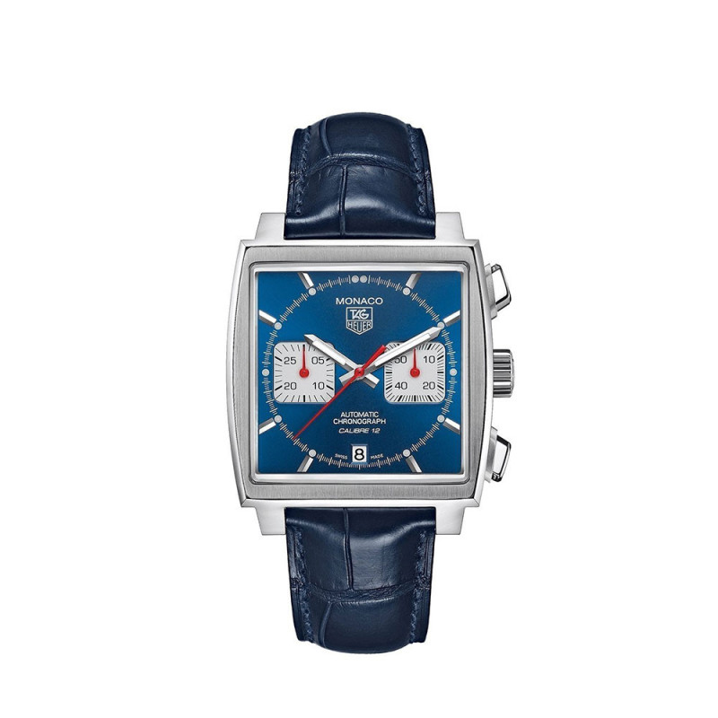 Montre TAG Heuer Monaco Chronographe automatique cadran bleu bracelet cuir bleu 39 mm