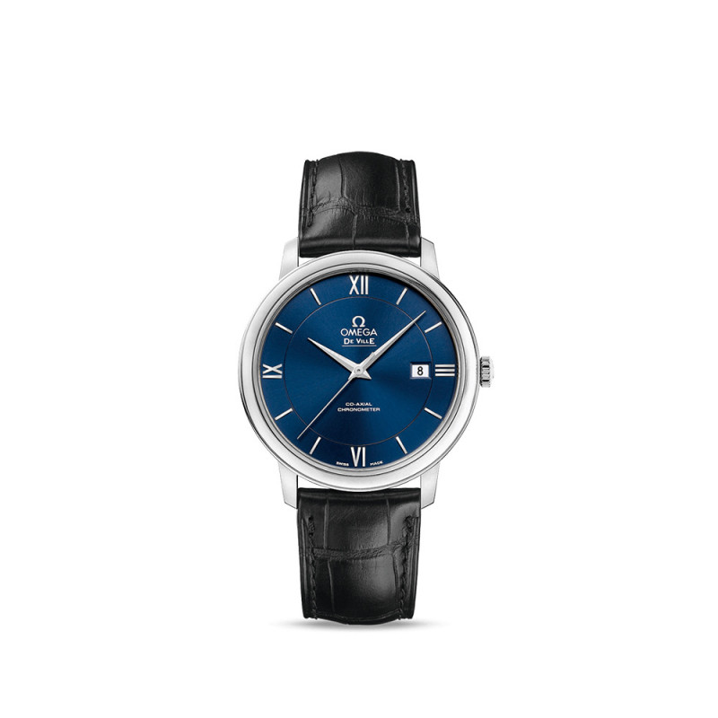 Montre Omega De Ville Prestige automatique cadran bleu bracelet en cuir d'alligator noir 39,5mm