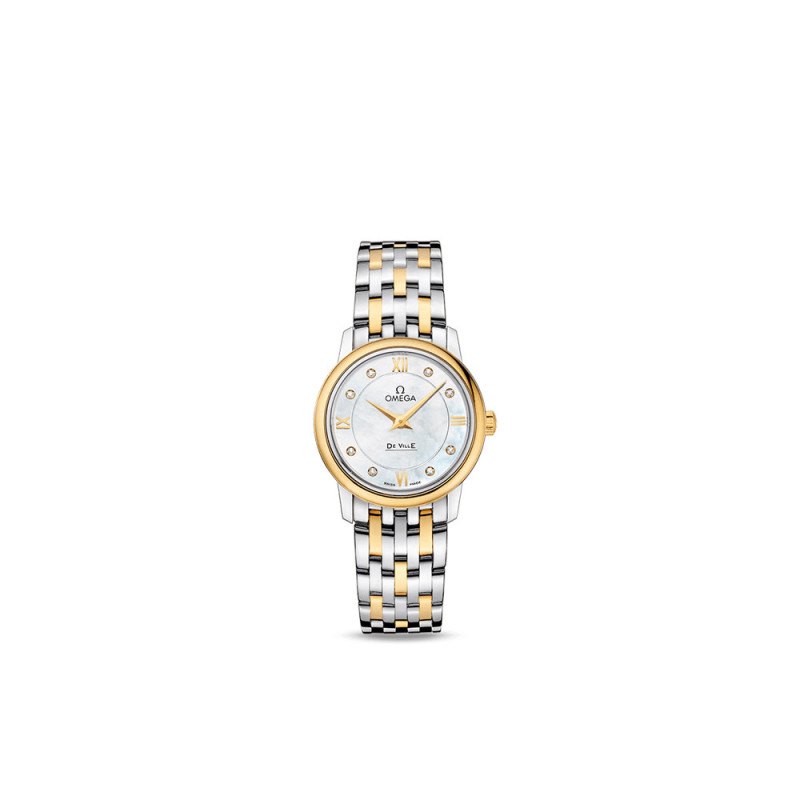 Montre Omega De Ville Prestige quartz cadran blanc index diamants bracelet acier et or jaune 18K 27,4mm