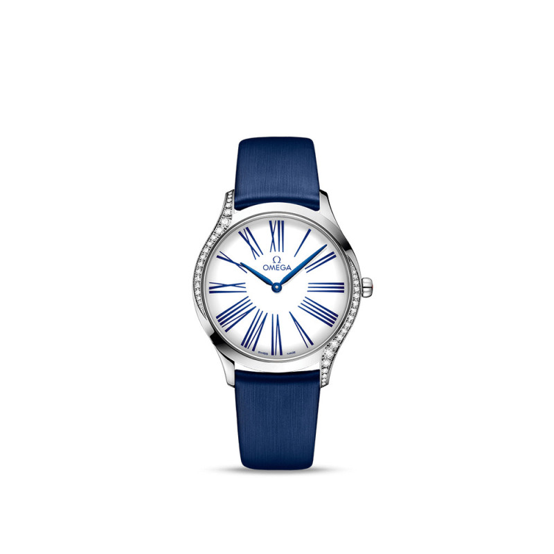 Montre Omega De Ville Trésor quartz cadran blanc bracelet en tissu bleu 36mm