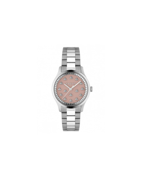 Montre Gucci G-Timeless 32mm quartz acier cadran laqué rose motif abeilles bracelet acier