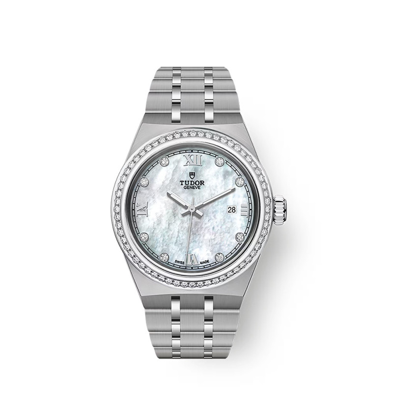 Montre Tudor Royal 28 mm automatique cadran nacre blanche index diamants boîtier acier bracelet en acier