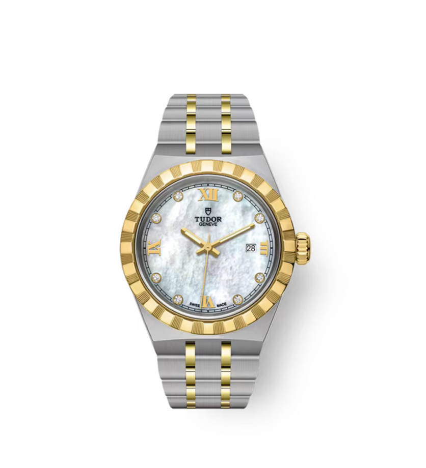 Montre Tudor Royal 28 mm automatique cadran en nacre blanche index diamants boîtier acier bracelet en acier et or jaune