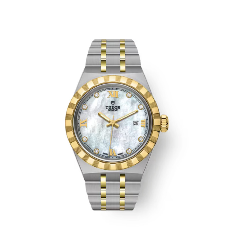 Montre Tudor Royal 28 mm automatique cadran en nacre blanche index diamants boîtier acier bracelet en acier et or jaune
