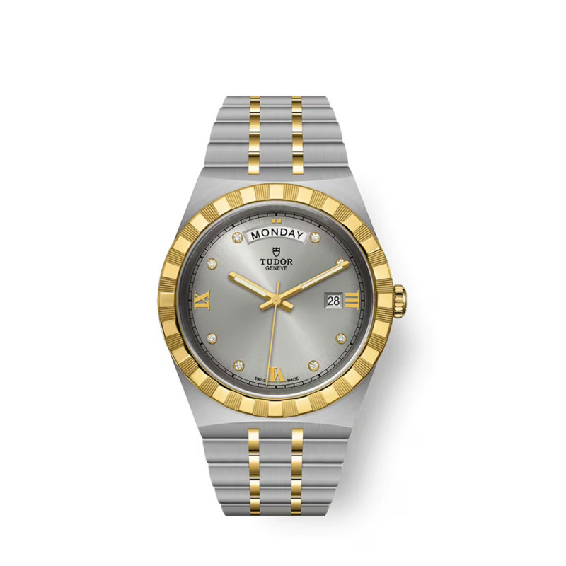 Montre Tudor Royal 41 mm automatique cadran argenté index diamants boîtier acier bracelet en acier et or jaune 18 carats