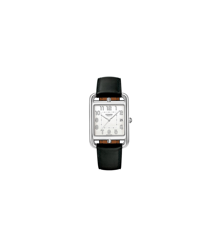 Montre Hermès Cape Cod GM 41 mm quartz cadran argenté opalin boîtier acier bracelet en cuir de veau Barénia noir