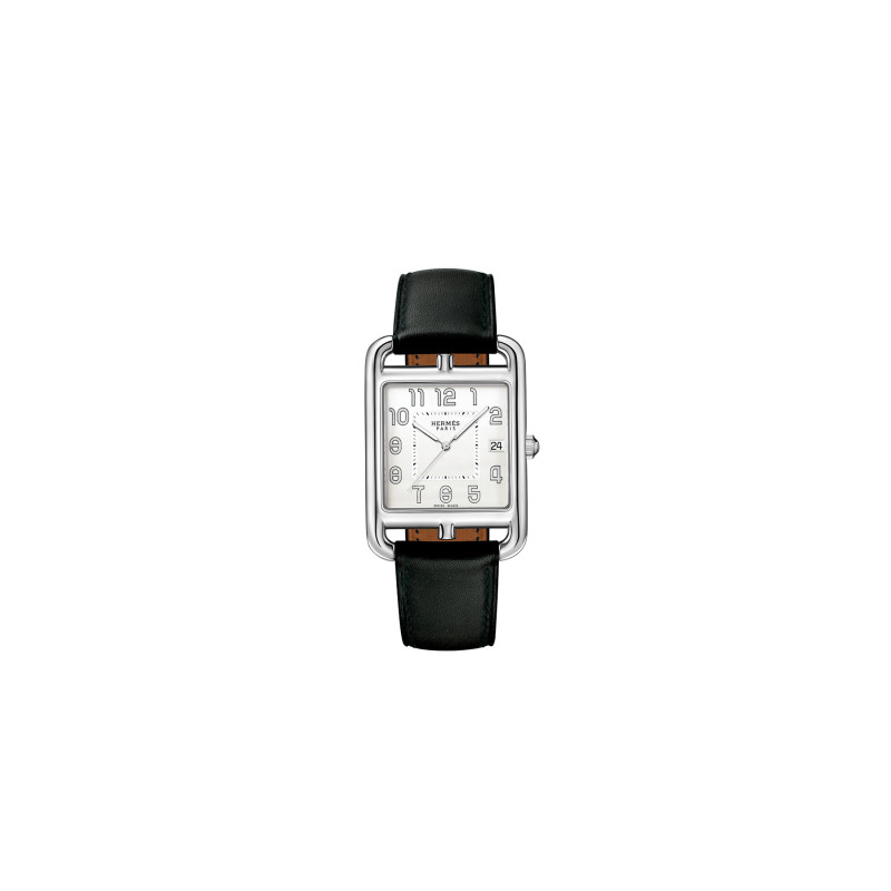 Montre Hermès Cape Cod GM 41 mm quartz cadran argenté opalin boîtier acier bracelet en cuir de veau Barénia noir