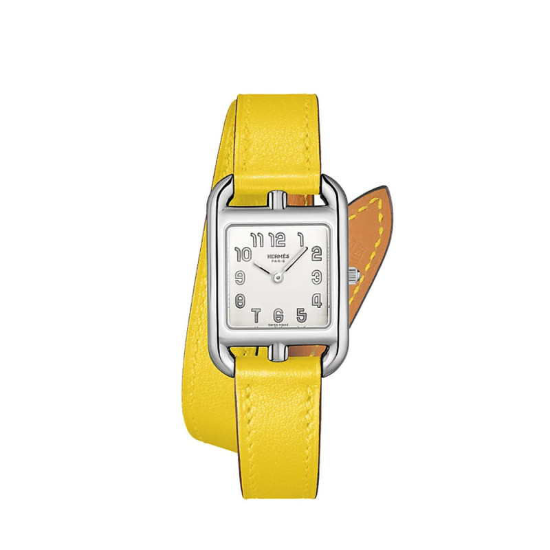 Montre Hermès Cape Cod PM 31 quartz cadran blanc boîtier acier bracelet en cuir de veau jaune de Naples