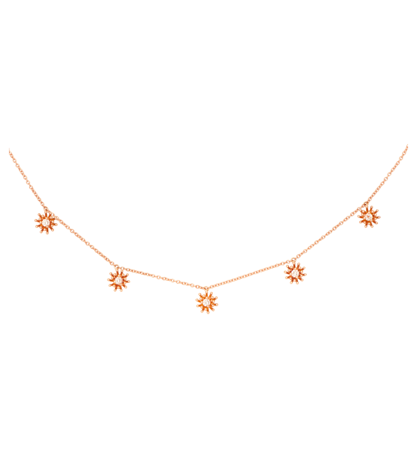 Collier Mellerio Le Petit Cactus Vanille or rose 5 motifs diamants sur chaîne 38cm