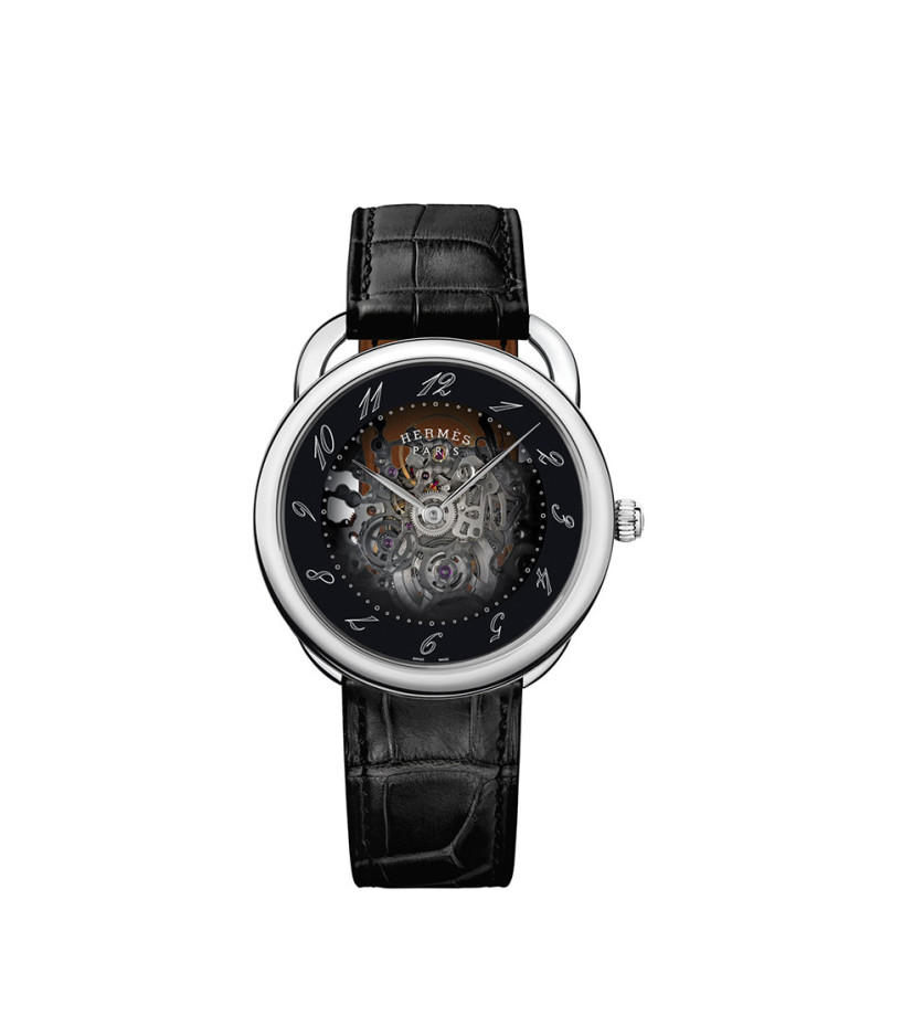 Montre Hermès Arceau Squelette 40 mm automatique cadran en verre minéral boîtier acier bracelet en cuir d'alligator mat noir