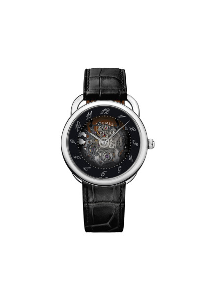 Montre Hermès Arceau Squelette 40 mm automatique cadran en verre minéral boîtier acier bracelet en cuir d'alligator mat noir