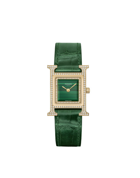 Montre Hermès Heure H MM 25 mm quartz cadran en malachite serti boîtier or rose serti bracelet en cuir d'alligator lisse vert