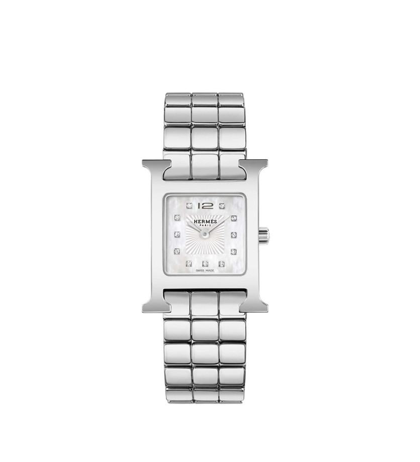 Montre Hermès Heure H MM 21 mm quartz cadran nacre blanche boîtier acier bracelet en acier