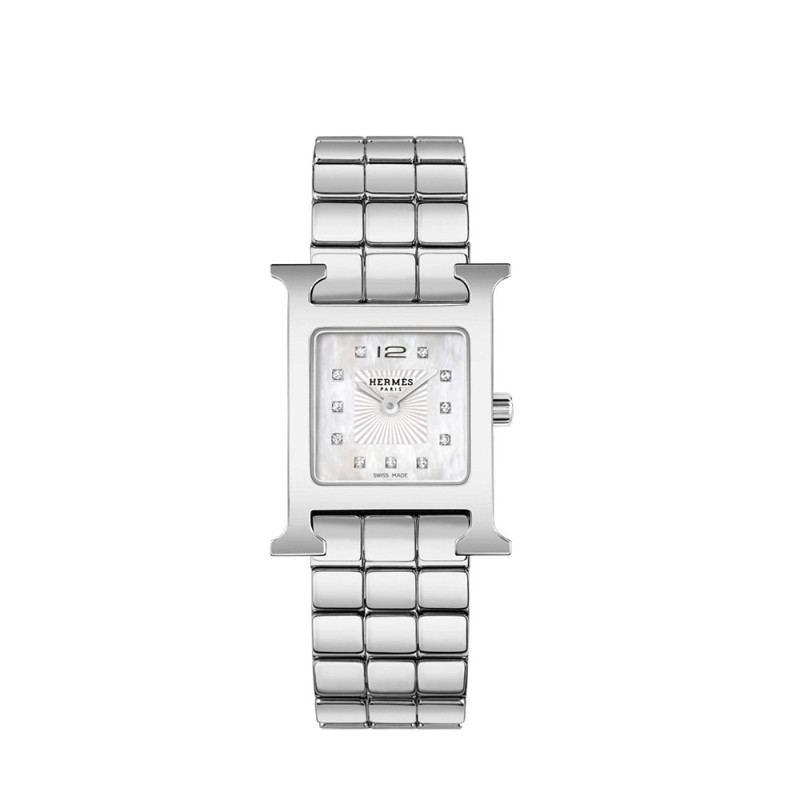 Montre Hermès Heure H MM 21 mm quartz cadran nacre blanche boîtier acier bracelet en acier