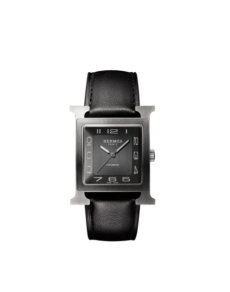Montre Hermès Heure H 34 mm automatique cadran noir boîtier en titane bracelet en cuir de veau Barénia noir