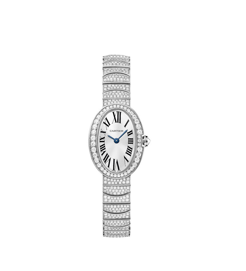 Montre Cartier Baignoire MM quartz cadran argent bracelet or blanc serti diamants