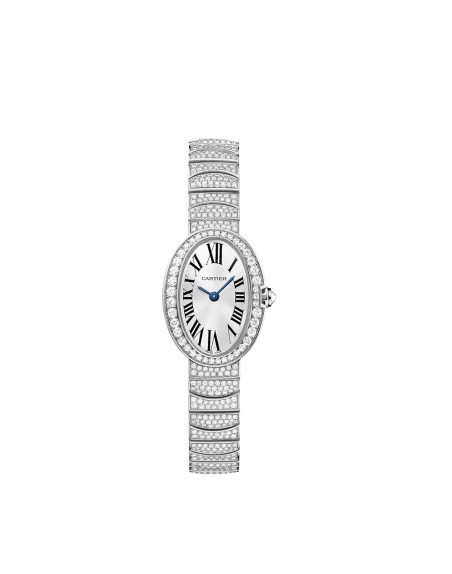Montre Cartier Baignoire MM quartz cadran argent bracelet or blanc serti diamants