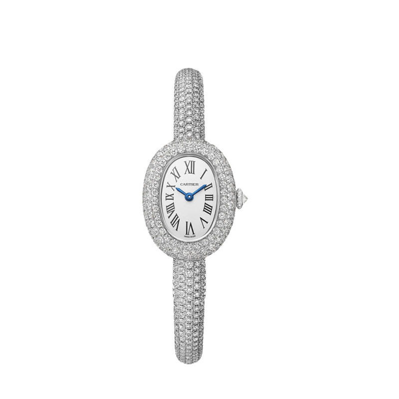 Montre Cartier Baignoire MM quartz cadran argenté bracelet rigide or blanc serti diamants