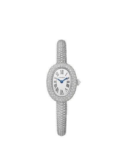 Montre Cartier Baignoire Mini Modèle quartz cadran argenté bracelet rigide or blanc serti diamants