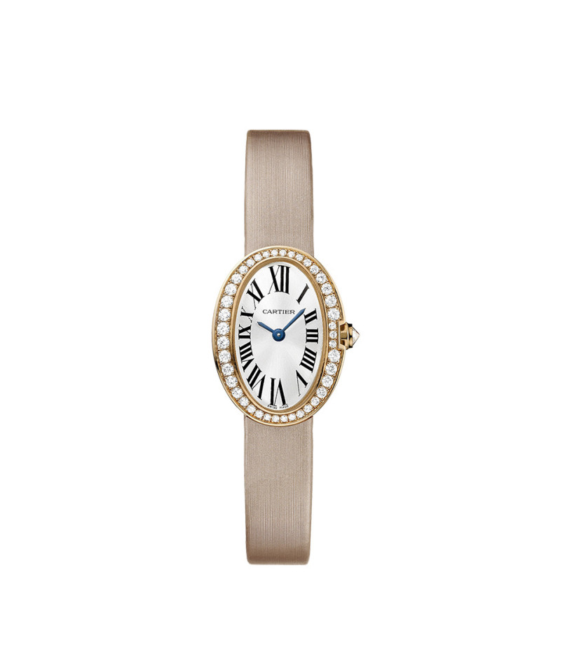 Montre Cartier Baignoire MM quartz cadran argenté bracelet en toile brossée beige rosé