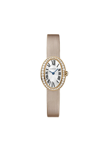 Montre Cartier Baignoire MM quartz cadran argenté bracelet en toile brossée beige rosé