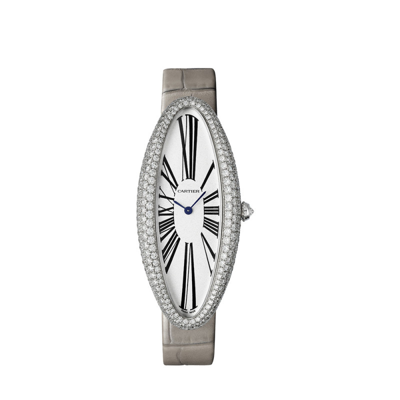 Montre Cartier Baignoire Allongée XL manuel cadran argenté bracelet en cuir d'alligator gris clair