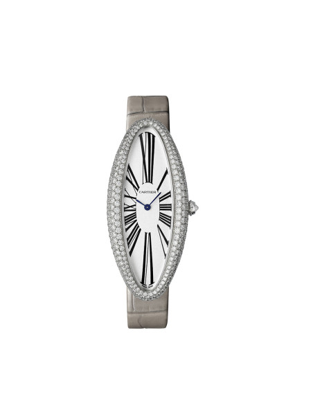 Montre Cartier Baignoire Allongée XL manuel cadran argenté bracelet en cuir d'alligator gris clair