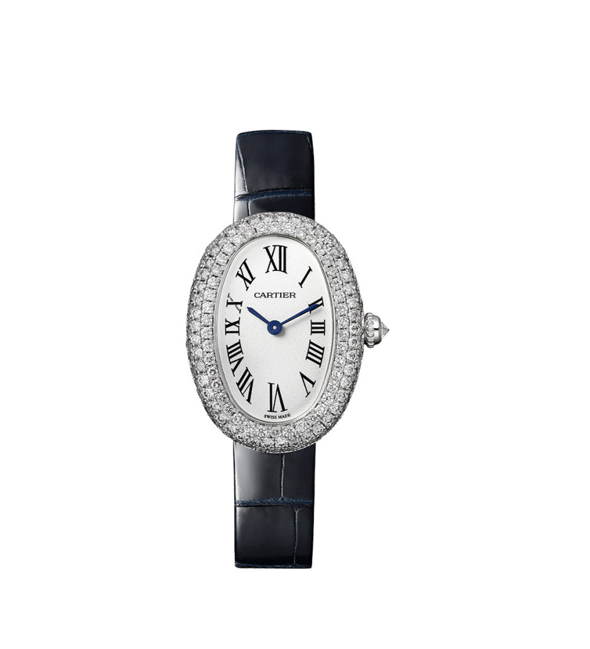 Montre Cartier Baignoire PM quartz cadran argenté bracelet en cuir d'alligator bleu marine