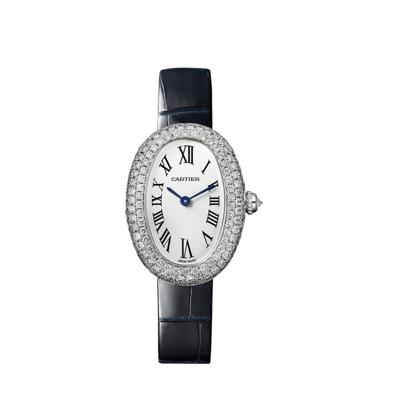 Montre Cartier Baignoire PM quartz cadran argenté bracelet en cuir d'alligator bleu marine