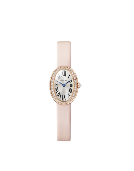 Montre Cartier Baignoire MM quartz cadran argenté bracelet en cuir de veau brossé rose clair