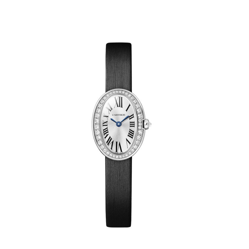 Montre Cartier Baignoire MM quartz cadran argenté bracelet en cuir de veau brossé noir