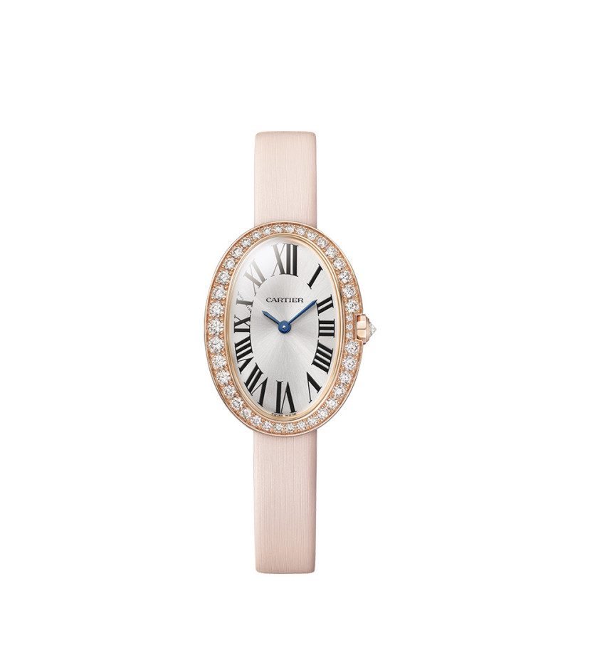 Montre Cartier Baignoire PM quartz cadran argenté bracelet en cuir de veau brossé beige rosé