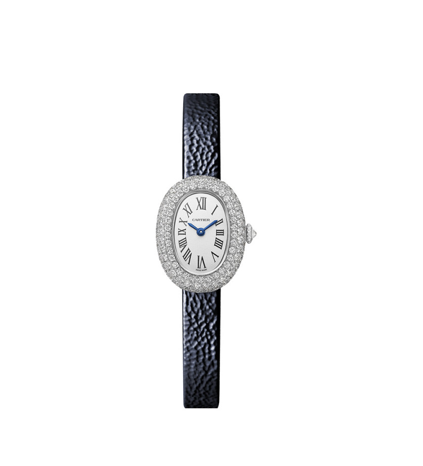 Montre Cartier Baignoire MM quartz cadran argenté bracelet en cuir de veau bleu marine
