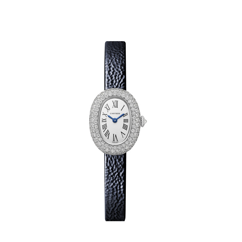 Montre Cartier Baignoire MM quartz cadran argenté bracelet en cuir de veau bleu marine