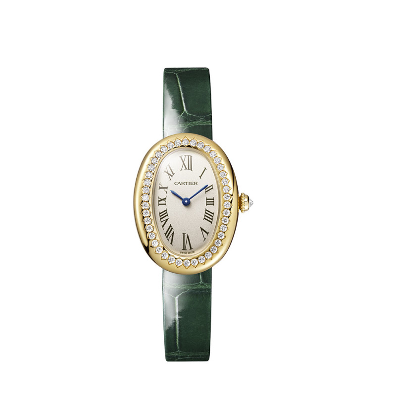 Montre Cartier Baignoire PM quartz cadran argenté bracelet en cuir d'alligator vert vernis