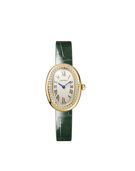 Montre Cartier Baignoire PM quartz cadran argenté bracelet en cuir d'alligator vert vernis