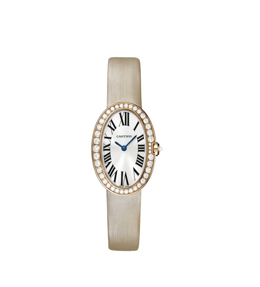 Montre Cartier Baignoire PM quartz cadran argenté bracelet en toile brossée beige rosé
