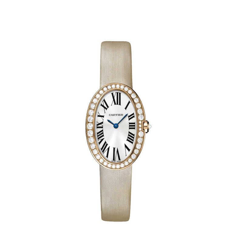Montre Cartier Baignoire PM quartz cadran argenté bracelet en toile brossée beige rosé